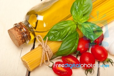 Italian Spaghetti Pasta Tomato And Basil Stock Photo