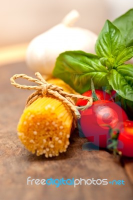 Italian Spaghetti Pasta Tomato And Basil Stock Photo