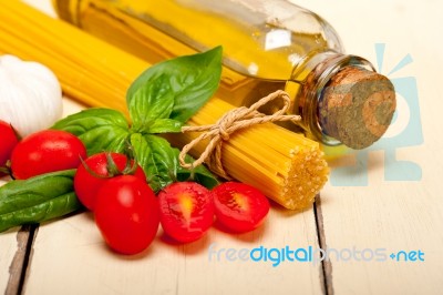 Italian Spaghetti Pasta Tomato And Basil Stock Photo