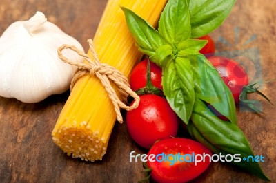 Italian Spaghetti Pasta Tomato And Basil Stock Photo