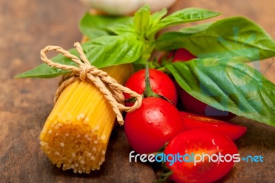 Italian Spaghetti Pasta Tomato And Basil Stock Photo