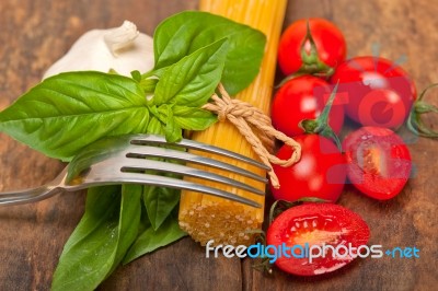 Italian Spaghetti Pasta Tomato And Basil Stock Photo