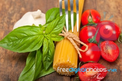 Italian Spaghetti Pasta Tomato And Basil Stock Photo