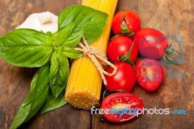 Italian Spaghetti Pasta Tomato And Basil Stock Photo