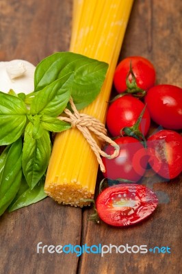 Italian Spaghetti Pasta Tomato And Basil Stock Photo