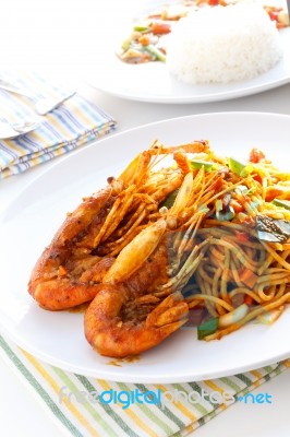 Italian Thai Fusion Food  Spaghetti Stir Fry With Thai Spicy  An… Stock Photo