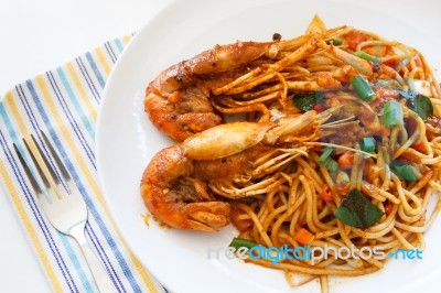 Italian Thai Fusion Food  Spaghetti Stir Fry With Thai Spicy  An… Stock Photo