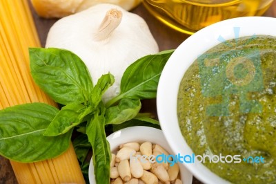 Italian Traditional Basil Pesto Pasta Ingredients Stock Photo