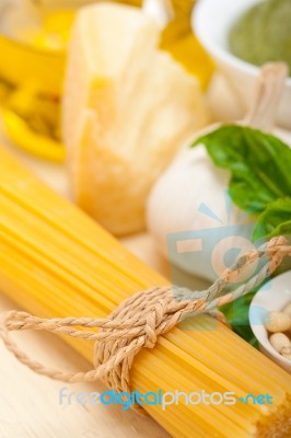 Italian Traditional Basil Pesto Pasta Ingredients Stock Photo