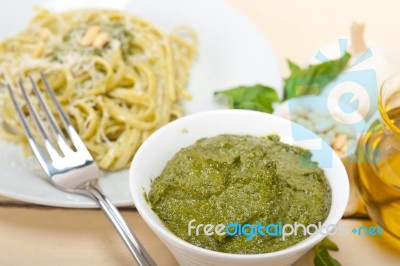 Italian Traditional Basil Pesto Pasta Ingredients Stock Photo