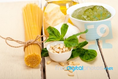 Italian Traditional Basil Pesto Pasta Ingredients Stock Photo