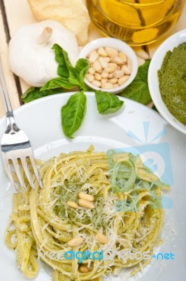 Italian Traditional Basil Pesto Pasta Ingredients Stock Photo