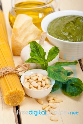 Italian Traditional Basil Pesto Pasta Ingredients Stock Photo