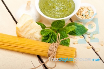 Italian Traditional Basil Pesto Pasta Ingredients Stock Photo