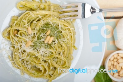 Italian Traditional Basil Pesto Pasta Ingredients Stock Photo