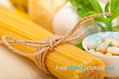 Italian Traditional Basil Pesto Pasta Ingredients Stock Photo