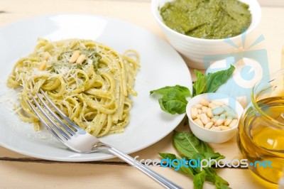 Italian Traditional Basil Pesto Pasta Ingredients Stock Photo