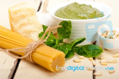 Italian Traditional Basil Pesto Pasta Ingredients Stock Photo