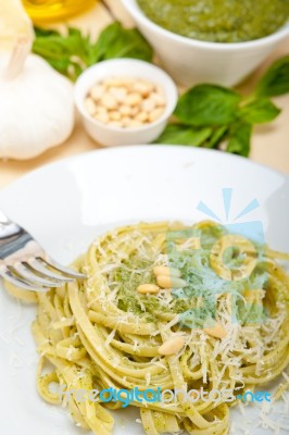 Italian Traditional Basil Pesto Pasta Ingredients Stock Photo