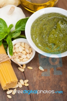 Italian Traditional Basil Pesto Pasta Ingredients Stock Photo