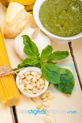 Italian Traditional Basil Pesto Pasta Ingredients Stock Photo