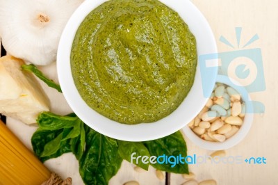 Italian Traditional Basil Pesto Pasta Ingredients Stock Photo