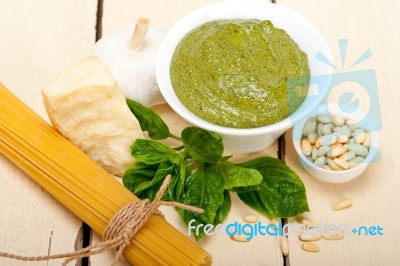 Italian Traditional Basil Pesto Pasta Ingredients Stock Photo