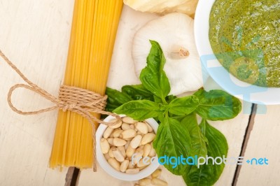 Italian Traditional Basil Pesto Pasta Ingredients Stock Photo