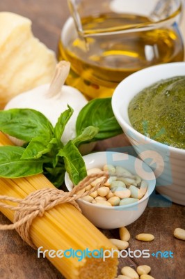 Italian Traditional Basil Pesto Pasta Ingredients Stock Photo