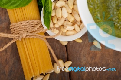 Italian Traditional Basil Pesto Pasta Ingredients Stock Photo