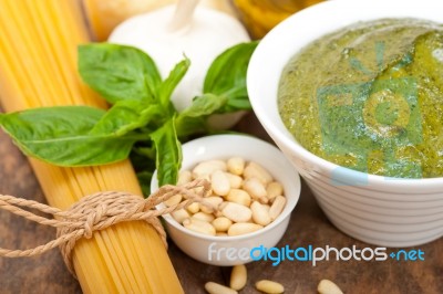 Italian Traditional Basil Pesto Pasta Ingredients Stock Photo