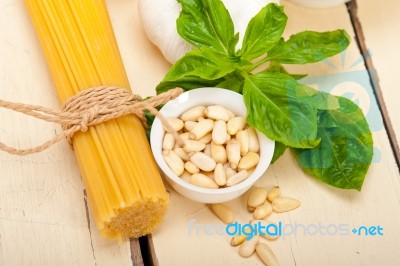 Italian Traditional Basil Pesto Pasta Ingredients Stock Photo