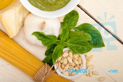 Italian Traditional Basil Pesto Pasta Ingredients Stock Photo