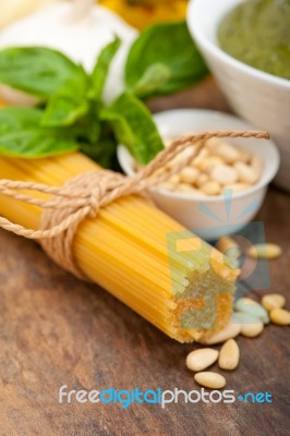 Italian Traditional Basil Pesto Pasta Ingredients Stock Photo