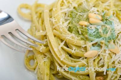 Italian Traditional Basil Pesto Pasta Ingredients Stock Photo