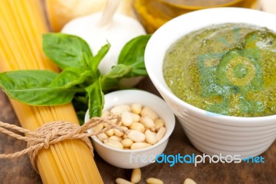 Italian Traditional Basil Pesto Pasta Ingredients Stock Photo