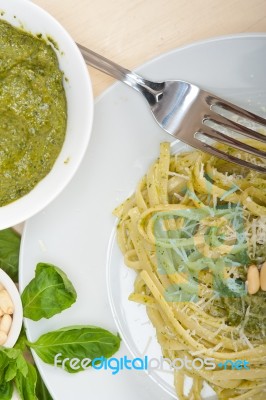 Italian Traditional Basil Pesto Pasta Ingredients Stock Photo