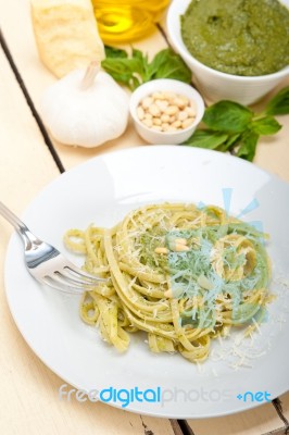 Italian Traditional Basil Pesto Pasta Ingredients Stock Photo