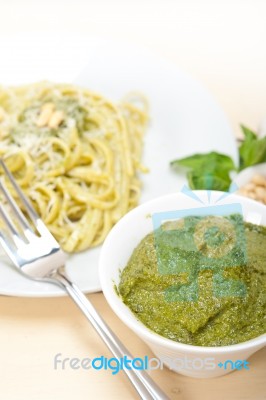 Italian Traditional Basil Pesto Pasta Ingredients Stock Photo