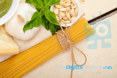 Italian Traditional Basil Pesto Pasta Ingredients Stock Photo