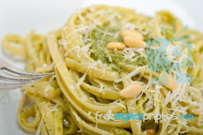 Italian Traditional Basil Pesto Pasta Ingredients Stock Photo