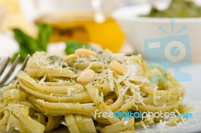 Italian Traditional Basil Pesto Pasta Ingredients Stock Photo