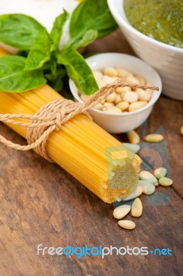 Italian Traditional Basil Pesto Pasta Ingredients Stock Photo