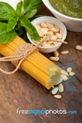 Italian Traditional Basil Pesto Pasta Ingredients Stock Photo