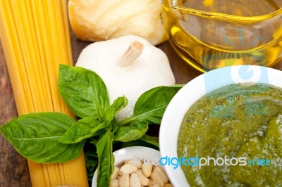 Italian Traditional Basil Pesto Pasta Ingredients Stock Photo