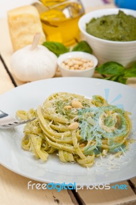 Italian Traditional Basil Pesto Pasta Ingredients Stock Photo