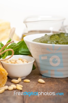 Italian Traditional Basil Pesto Pasta Ingredients Stock Photo