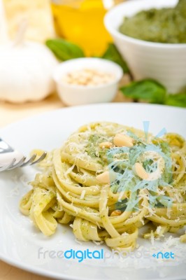 Italian Traditional Basil Pesto Pasta Ingredients Stock Photo