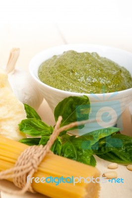 Italian Traditional Basil Pesto Pasta Ingredients Stock Photo