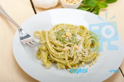 Italian Traditional Basil Pesto Pasta Ingredients Stock Photo